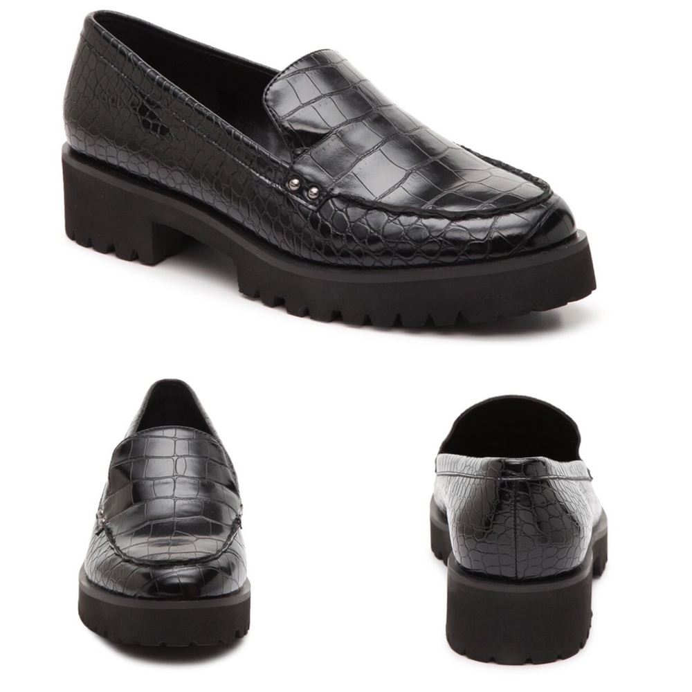 Bleeker & Bond Black Croc Embossed Wendall Platform Lug Sole Loafer Size 10